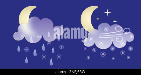 Set of weather icons. Glassmorphism style symbols for meteo forecast app Elements Isolated on blue background. Night autumn winter season sings. Moon Stock Vector
