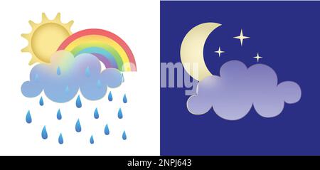 Set of weather icons. Glassmorphism style symbols for meteo forecast app Elements Isolated on white background Day night summer spring season sings Stock Vector