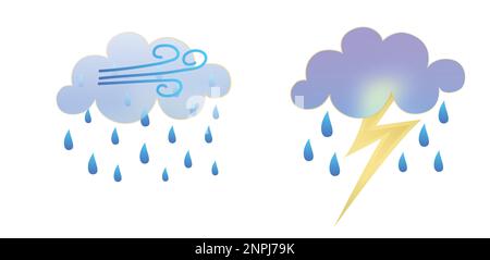 Set of weather icons. Glassmorphism style symbols for meteo forecast app. Elements Isolated on white background. Day autumn season sings. Thunderstorm Stock Vector