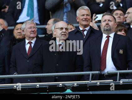 London, England, 26th February 2023. Avram Glazer Co-owner of Manchester United and Sir Alex Ferguson look on during the Carabao Cup match at Wembley Stadium, London. Picture credit should read: Paul Terry / Sportimage Stock Photo