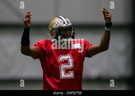 Wearing the name of Jacob Blake on his helmet, New Orleans Saints wide  receiver Emmanuel Sanders (17) runs a drill during an NFL football training  camp practice inside the Ochsner Sports Performance