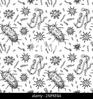 Viruses seamless patten. Scientific hand drawn vector illustration in sketch style. Microscopic microorganisms Stock Vector