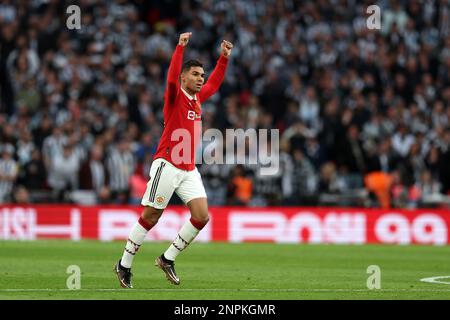 London, UK. 26th Feb, 2023. Casemiro of Manchester Utd celebrates after he scores his teams 1st goal. Carabao Cup final 2023, Manchester Utd v Newcastle Utd at Wembley Stadium in London on Sunday 26th February 2023. Editorial use only. pic by Andrew Orchard/Andrew Orchard sports photography/Alamy Live News Credit: Andrew Orchard sports photography/Alamy Live News Stock Photo