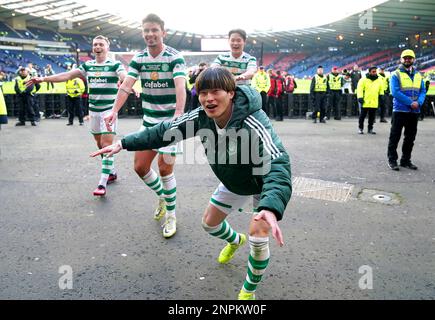 Celtic's Kyogo Furuhashi celebrates after winning the Viaplay Sports Cup Final at Hampden Park, Glasgow. Picture date: Sunday February 26, 2023. Stock Photo
