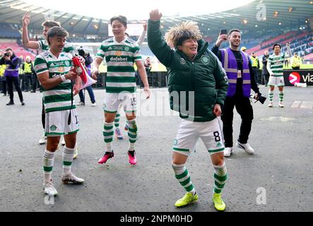 Celtic's Kyogo Furuhashi celebrates after winning the Viaplay Sports Cup Final at Hampden Park, Glasgow. Picture date: Sunday February 26, 2023. Stock Photo