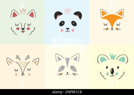 Cute Animal face. Cartoon animals collection, dog, panda, fox, deer, raccoon and koala. Vector illustration. Stock Vector