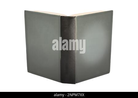 An open hardback book with a gray cover. Isolated on white background Stock Photo