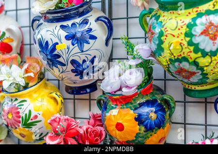 MIJAS, SPAIN - OCTOBER 9, 2021: Souvenir and handicraft shop, with ceramics and other typical products in the village of Mijas on the Costa del Sol, M Stock Photo