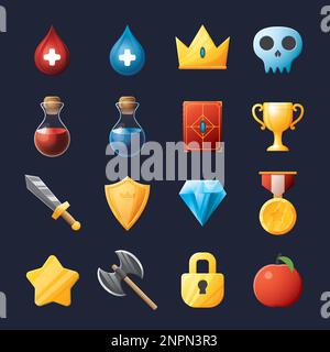 Game UI assets set. Gaming user interface icons collection. vector illustration. Stock Vector