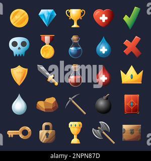 Game UI assets set. Gaming user interface icons collection. vector illustration. Stock Vector