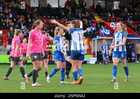 Crawley, UK. 26th Feb, 2023. Broadfiled Stadium, Crawley Town, UK, February 26, 2023 Elisabeth Terland (BRI, 11) congratulating Brianna Visalli (BRI, 4) aftre scoring her second goal during a FA Cup game on February 26, 2023 between Brighton & Hove Albion and Coventry United LFC, at the Broadfield Stadium, Crawley, UK. (Bettina Weissensteiner/SPP) Credit: SPP Sport Press Photo. /Alamy Live News Stock Photo