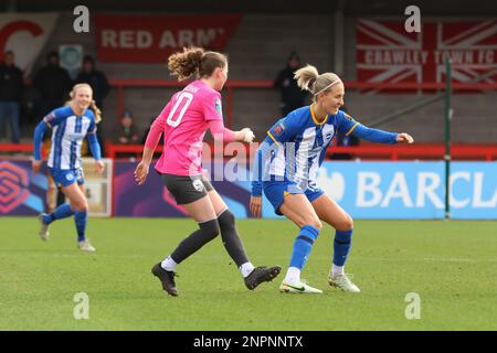 Crawley, UK. 26th Feb, 2023. Broadfiled Stadium, Crawley Town, UK, February 26, 2023 Emma Kullberg (BRI, 16) duelling with Olivia Rabjohn (COV, 20) during a FA Cup game on February 26 2023 between Brighton & Hove Albion and Coventry United LFC, at the Broadfield Stadium, Crawley, UK. (Bettina Weissensteiner/SPP) Credit: SPP Sport Press Photo. /Alamy Live News Stock Photo