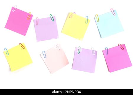 Multi colored paper stickers for writing notes white background Stock Photo