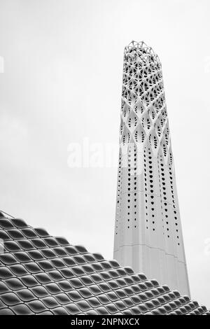 Tall Tower of Light above the Wall of Energy pictured in Manchester. Stock Photo