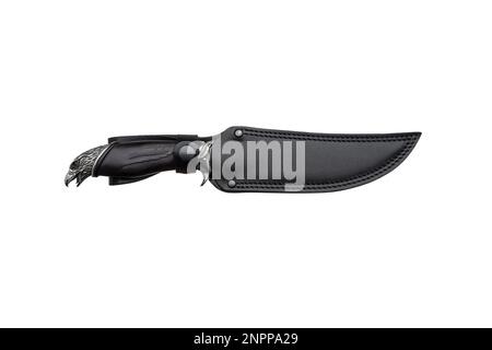 Damascus steel hunting knife. Decorative handle made of wood and metal in the form of an eagle's head. Leather case. Isolate on a white background. Stock Photo