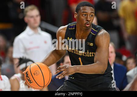 College Park, MD, USA. 26th Feb, 2023. Northwestern Wildcats guard Chase Audige (1) dribbles the ball during the NCAA basketball game between the Northwestern Wildcats and the Maryland Terrapins at Xfinity Center in College Park, MD. Reggie Hildred/CSM/Alamy Live News Stock Photo