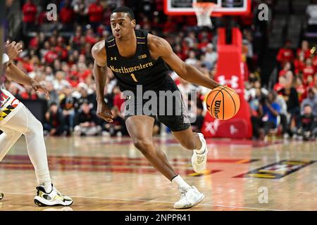 College Park, MD, USA. 26th Feb, 2023. Northwestern Wildcats guard Chase Audige (1) dribbles the ball during the NCAA basketball game between the Northwestern Wildcats and the Maryland Terrapins at Xfinity Center in College Park, MD. Reggie Hildred/CSM/Alamy Live News Stock Photo