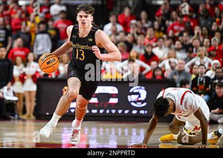College Park, MD, USA. 26th Feb, 2023. Northwestern Wildcats guard Brooks Barnhizer (13) dribbles the ball during the NCAA basketball game between the Northwestern Wildcats and the Maryland Terrapins at Xfinity Center in College Park, MD. Reggie Hildred/CSM/Alamy Live News Stock Photo