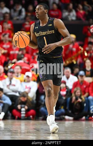 College Park, MD, USA. 26th Feb, 2023. Northwestern Wildcats guard Chase Audige (1) dribbles the ball during the NCAA basketball game between the Northwestern Wildcats and the Maryland Terrapins at Xfinity Center in College Park, MD. Reggie Hildred/CSM/Alamy Live News Stock Photo