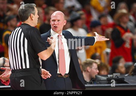 College Park, MD, USA. 26th Feb, 2023. Maryland Terrapins head coach Kevin Willard talks to a referee during the NCAA basketball game between the Northwestern Wildcats and the Maryland Terrapins at Xfinity Center in College Park, MD. Reggie Hildred/CSM/Alamy Live News Stock Photo
