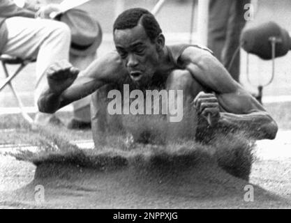 Bob Beamon of el Paso Texas USA in a prodigious leap which bettered the old  world record by more than two feet leaps 29 feet 2 half inches at the mens  long