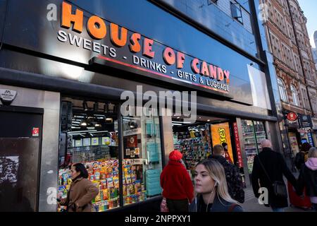 Renamed House of Candy, which was originally and recently named Candy World American sweets store where once stood the HMV flagship shop on Oxford Street on 6th February 2023 in London, United Kingdom. The face of Oxford Street is changing fast, with high rents pushing some retailers out, numerous American candy stores have opened instead, especially during lockdown when so many regulars of Europe’s most famous shopping street closed down. Some of these stores have been investigated by Westminster City Council suspicious activity including tax evasion and counterfeit sales, while others are le Stock Photo