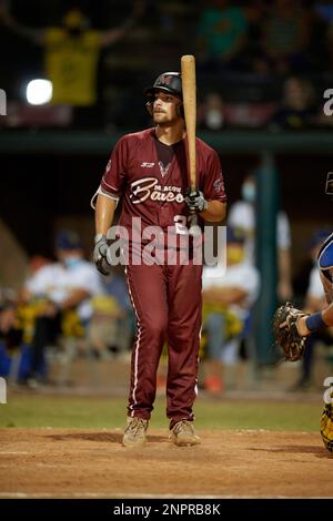 Macon Bacon Noah Mendlinger (23) bats during a Coastal Plain League game  against the Savannah Bananas on July 15, 2020 at Grayson Stadium in  Savannah, Georgia. (Mike Janes/Four Seam Images via AP