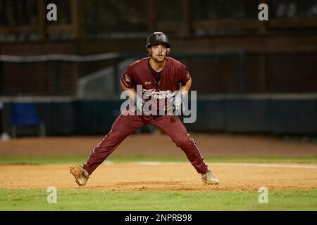 Macon Bacon Noah Mendlinger (23) bats during a Coastal Plain League game  against the Savannah Bananas on July 15, 2020 at Grayson Stadium in  Savannah, Georgia. (Mike Janes/Four Seam Images via AP