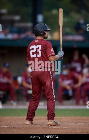 Macon Bacon Noah Mendlinger (23) bats during a Coastal Plain League game  against the Savannah Bananas on July 15, 2020 at Grayson Stadium in  Savannah, Georgia. (Mike Janes/Four Seam Images via AP