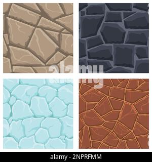 Cartoon game textures, ice, rocks and brick, dirt and ground surface seamless patterns. Game assets walls and environment backgrounds. Stock Vector