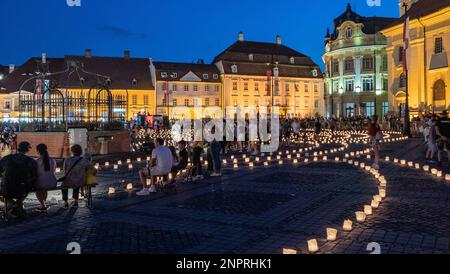 The big central market of Sibiu Romania and the preparation for the light festival. Stock Photo
