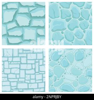 Cartoon game textures, ice surface seamless patterns. Game assets walls and environment backgrounds. Stock Vector