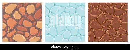 Cartoon game textures, ice, rocks and brick, dirt and ground surface seamless patterns. Game assets walls and environment backgrounds. Stock Vector