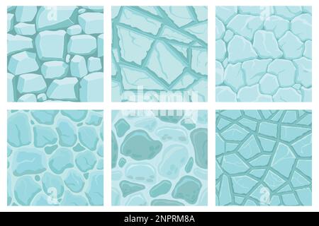 Cartoon game textures, ice surface seamless patterns. Game assets walls and environment backgrounds. Stock Vector