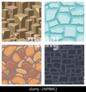 Cartoon game textures, ice, rocks and brick, dirt and ground surface seamless patterns. Game assets walls and environment backgrounds. Stock Vector