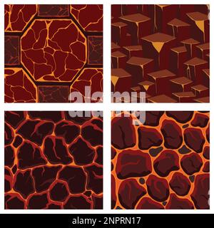 Cartoon game textures, lava surface seamless patterns. Game assets walls and environment backgrounds. Stock Vector