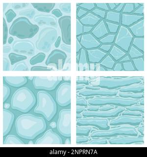 Cartoon game textures, ice surface seamless patterns. Game assets walls and environment backgrounds. Stock Vector