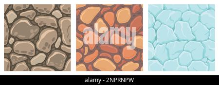 Cartoon game textures, ice, rocks and brick, dirt and ground surface seamless patterns. Game assets walls and environment backgrounds. Stock Vector