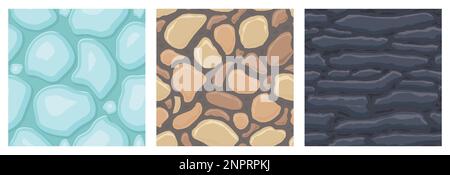 Cartoon game textures, ice, rocks and brick, dirt and ground surface seamless patterns. Game assets walls and environment backgrounds. Stock Vector