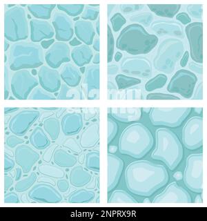 Cartoon game textures, ice surface seamless patterns. Game assets walls and environment backgrounds. Stock Vector