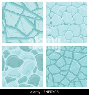 Cartoon game textures, ice surface seamless patterns. Game assets walls and environment backgrounds. Stock Vector