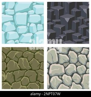 Cartoon game textures, ice, rocks and brick, dirt and ground surface seamless patterns. Game assets walls and environment backgrounds. Stock Vector
