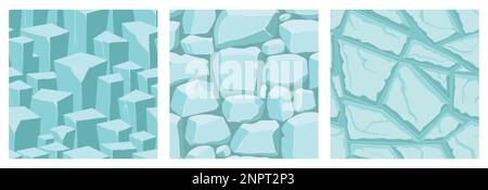 Cartoon game textures, ice surface seamless patterns. Game assets walls and environment backgrounds. Stock Vector