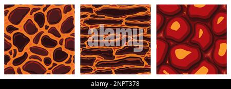 Cartoon game textures, lava surface seamless patterns. Game assets walls and environment backgrounds. Stock Vector