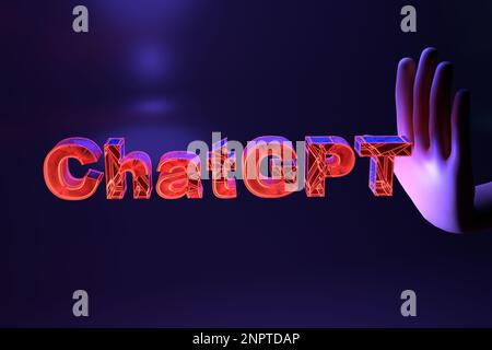 February 20, 2023 - Caen, France: Inscription of neon glowing letters - chatgpt and palm on a dark blue background. 3D render. Stock Photo