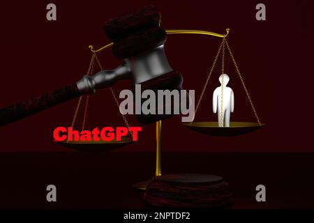 The concept of chatGPT vs human. Scales on which artificial intelligence wins. Scales of Themis on a dark background. Stock Photo