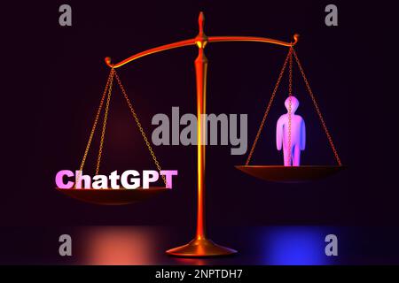 The concept of chatGPT vs human. Scales on which artificial intelligence wins. Scales of Themis on a dark background. Stock Photo