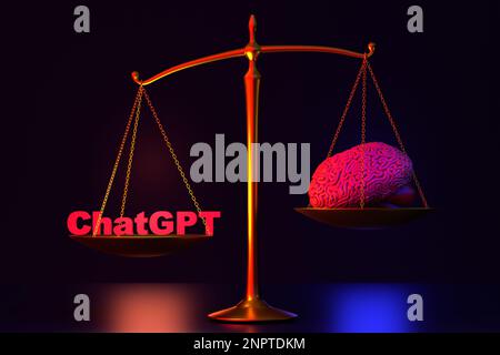 The concept of chatGPT vs human. Scales on which artificial intelligence wins. Scales of Themis on a dark background. Stock Photo
