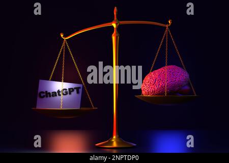 The concept of chatGPT vs human. Scales on which artificial intelligence wins. Scales of Themis on a dark background. Stock Photo