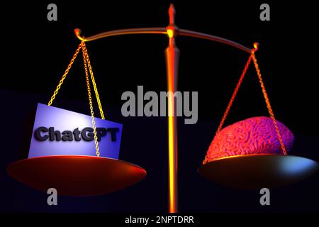The concept of chatGPT vs human. Scales on which artificial intelligence wins. Scales of Themis on a dark background. Stock Photo